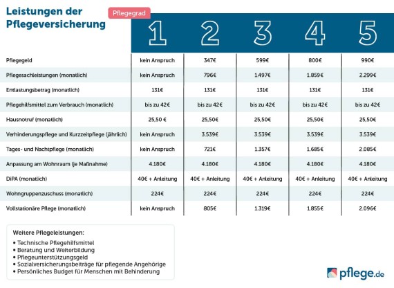 Pflegeleistungen in der Übersichtstabelle